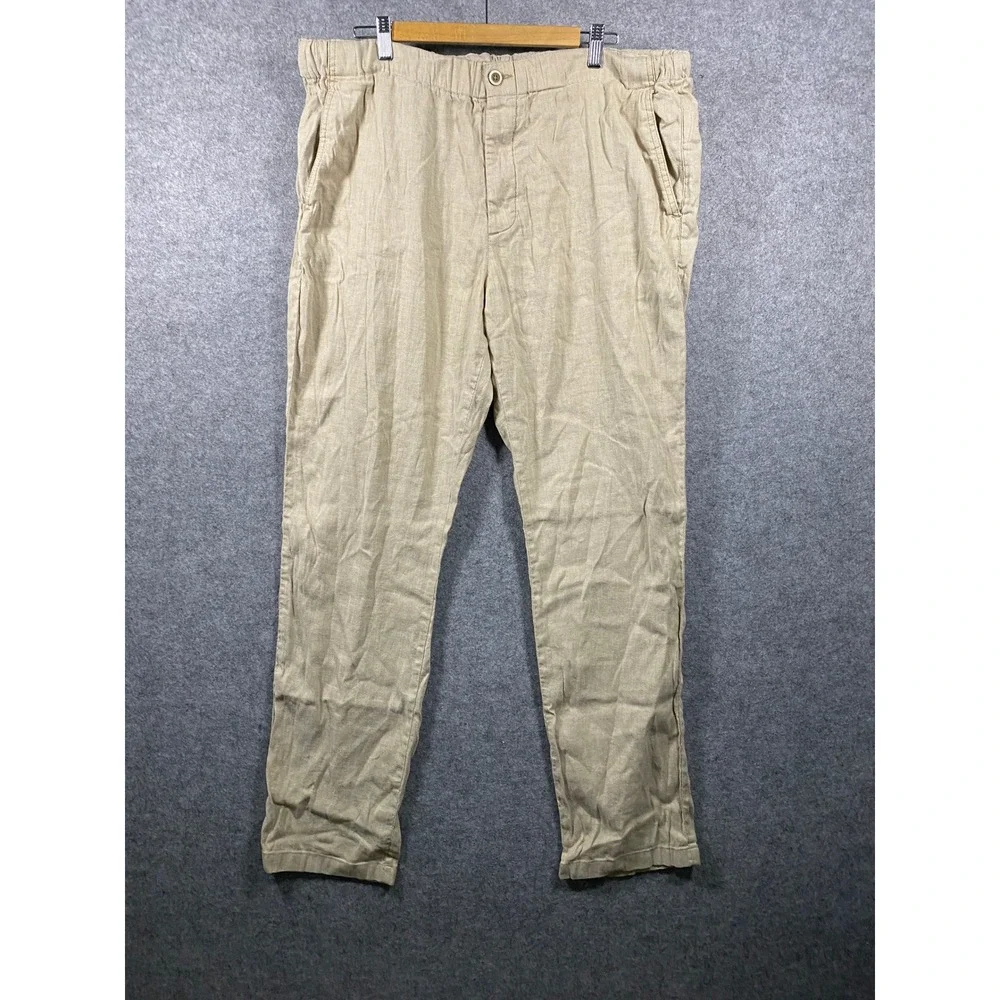 Tommy Bahama Mens XXL Tan Linen Blend Elastic Waist Straight Leg Pants Khaki
